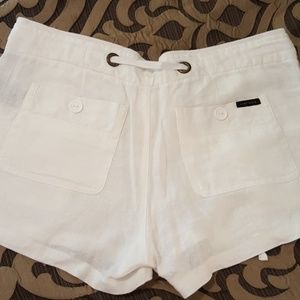White linen drawstring shorts